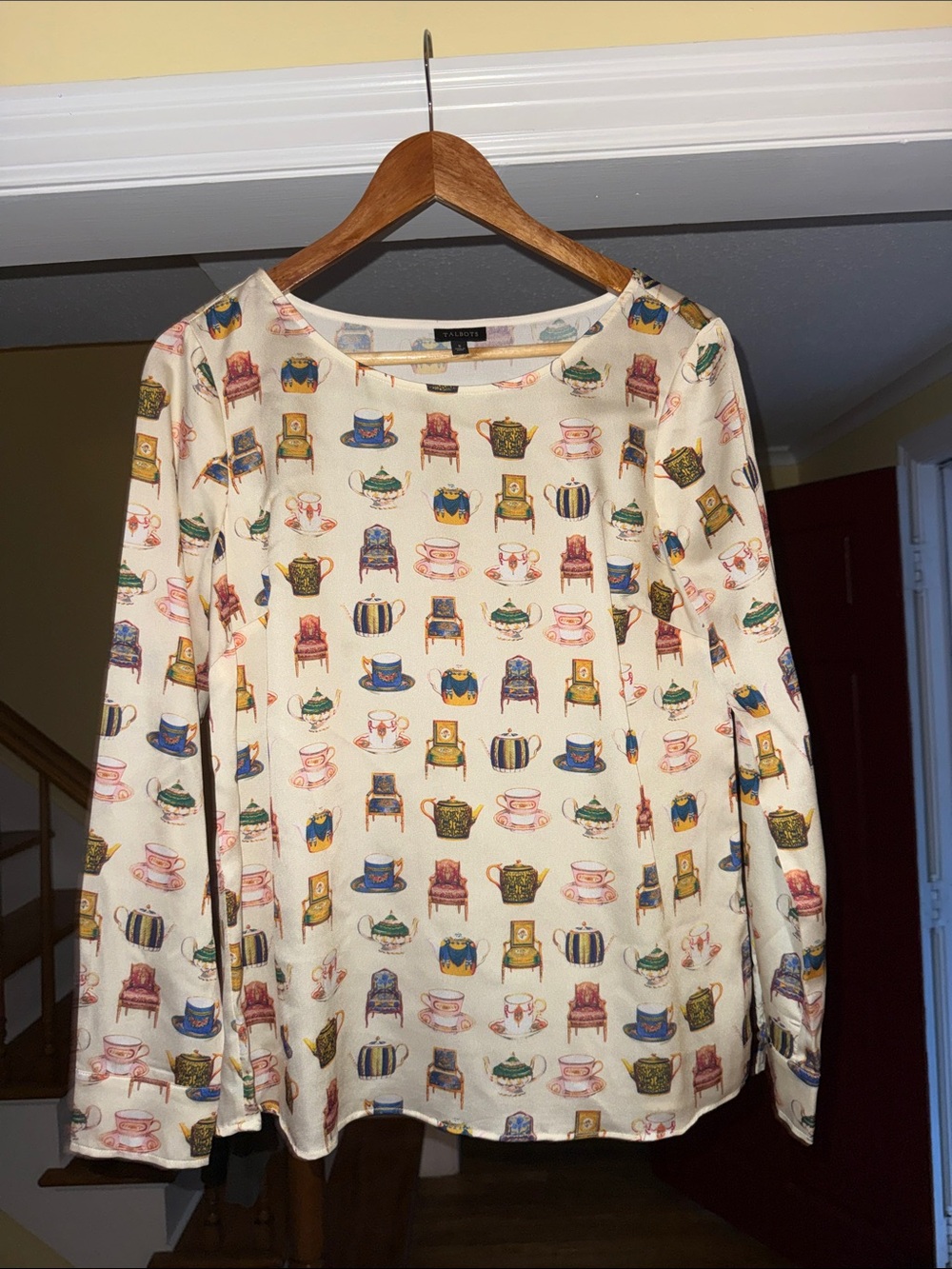 Talbots Cream Long-Sleeve Top with Colorful Teacup & Chair Print